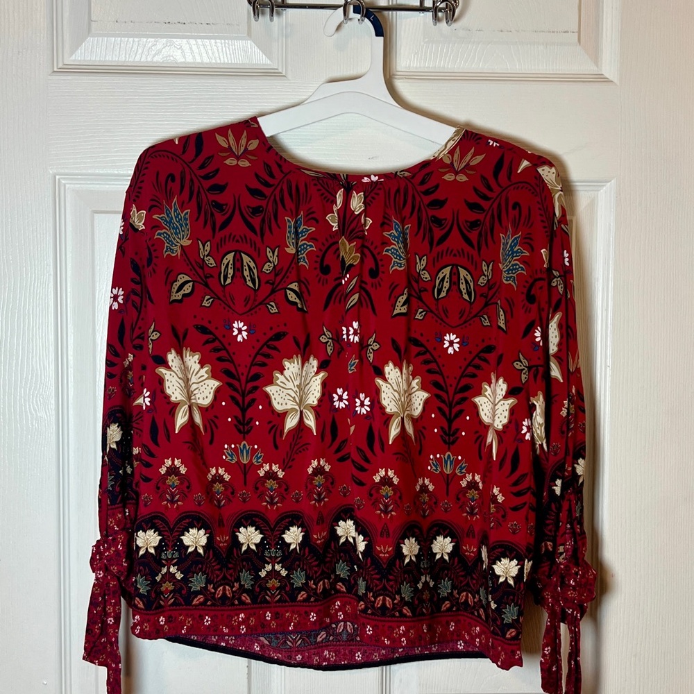 LOFT Red Floral Blouse with Black Accents - Picture 2 of 3